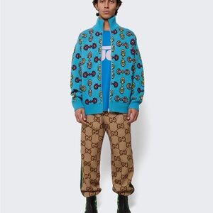 Blue Gucci Horsebit Patterned Zip-Up Jacket